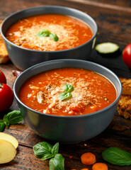 Seasonal vegetables classic minestrone soup with pasta served with cheese, grilled sour dough bread and basil leaves