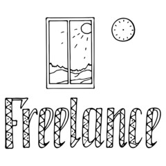 vector illustration, doodle style drawing in black, freelance, window, clock