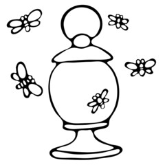 vector illustration in doodle style, in black, street lamp and insect, camping lamp, isolate on a white background