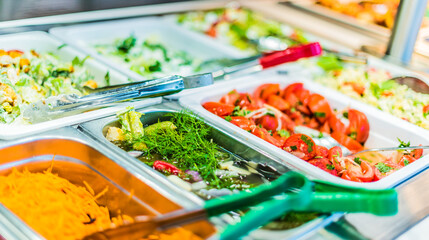 Assortment of fresh vegetable salads in restaurant buffet