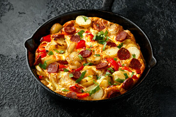 Obraz na płótnie Canvas Frittata made of eggs, potato, chorizo, red bell pepper and greens in iron cast pan