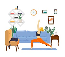 Happy healthy young man practicing yoga in living room, relaxing weekend at home. Vector illustration. Sport activity, workout, exercise, fitness, indoor, meditation, lifestyle, stay at home concept