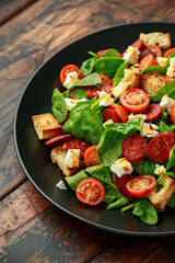 Chorizo Tomato salad with spinach, feta cheese and croutons on black plate. healthy summer food