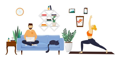 Freelancer working on laptop and female partner practicing yoga on a mat. Fitness, sport and healthy lifestyle concept, home office, working at home. Vector illustration with people and interior.