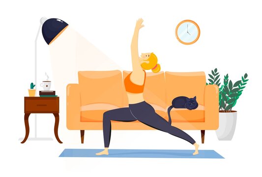 Happy healthy young man practicing yoga in living room, relaxing weekend at home. Vector illustration. Sport activity, workout, exercise, fitness, indoor, meditation, lifestyle, stay at home concept