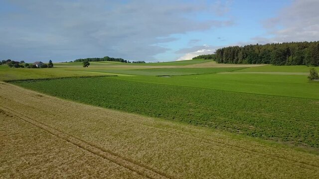 Vue a&eacute;rienne par drone au-dessus de la campagne ensoleill&eacute;e et de ses champs dans le canton de Vaud en Suisse romande le vol est calme avec un vol de crabe &agrave; basse altitude vers la gauche