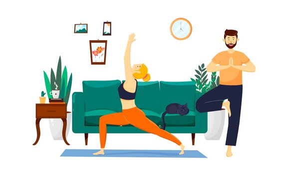 Partners and family sport activities. Fitness, sport and healthy lifestyle concept, people practicing yoga, Workout at home. Vector illustration with people and interior.