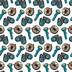 seamless pattern, camping accessories, compass, flashlight, binoculars, wallpaper and fabric ornament, wrapping paper