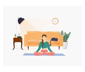 Cute beautiful woman practicing meditation in lotus pose. Doing yoga at home in the apartments. Interior with furniture and cute cat. Vector illustration, relaxation concept