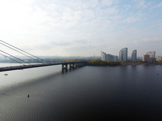 Aerial drone view of Kiev cityscape, Dnepr river. (drone image). 