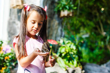 Little girl holding a butterfly in a field