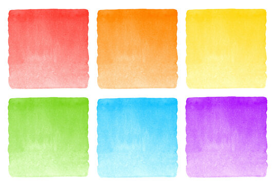 Set, collection of watercolor gradient square shape. Red, orange, yellow, green, blue, violet. Background, text frame. Painted texture with watercolour stains isolated on white. Hand drawn template.