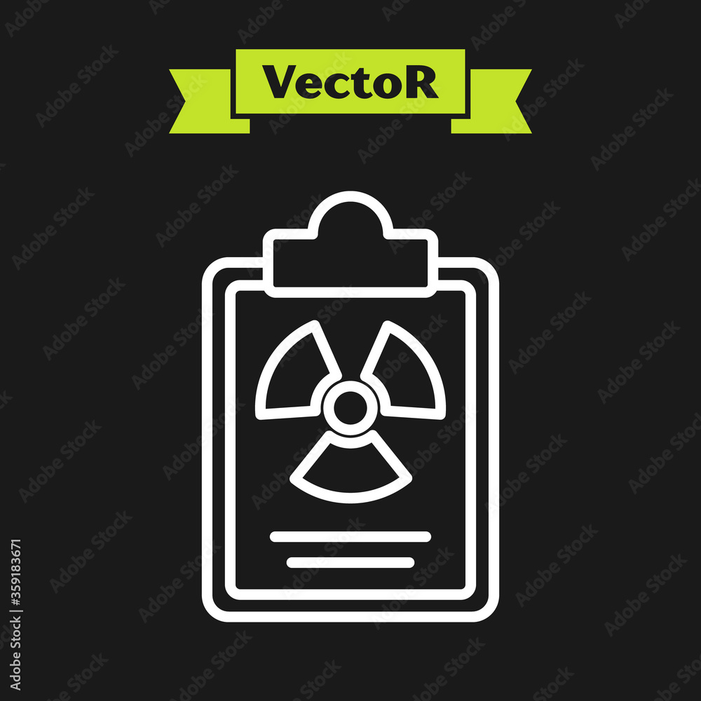 Poster white line radiation warning document icon isolated on black background. text file. vector.