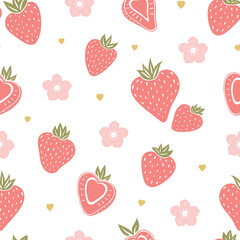 Strawberries, love hearts and pink flowers on a white background. Cute simple pattern for giftware, textiles and fashion.