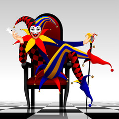 Joker seated in the red chair on the chess floor - obrazy, fototapety, plakaty
