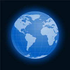 Globe Earth symbol flat icon isolated on black background. Europe, Africa, America, Antarctica, Arctic.