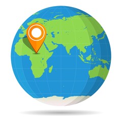Globe Earth flat with orange map pin on continent Africa icon. Egypt, Algeria, Somalia, South Africa, Kenya, Libya, Madagascar.