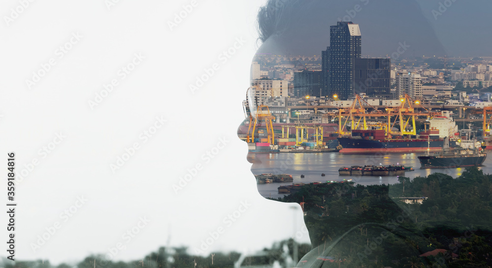Poster double exposure of smart entrepreneur woman looking at global business connection technology interfa