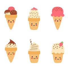 Collection of cute kawaii ice cream cones.