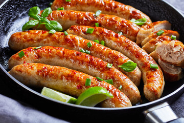 Close-up on fried sausage links on a skillet