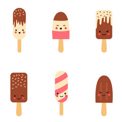 Set of cute kawaii ice creams with eyes and smiles.