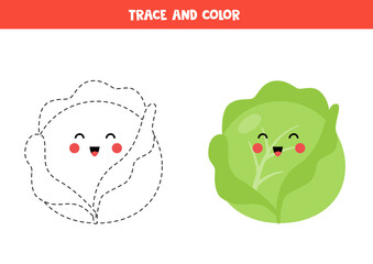 Trace and color cute kawaii cabbage. Coloring page for kids.