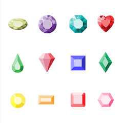 Gemstones colorful set. Vector heart gems illustration. Ruby, crystal, diamond, brilliant, emerald. Cartoon jewels isolated.