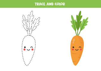 Trace and color cute kawaii carrot. Coloring page for kids.