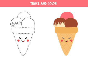 Trace and color cute kawaii ice cream. Coloring page for kids.
