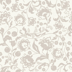 Seamless floral pattern in folk style with wildflowers, leaves. Hand drawn. Vector illustration