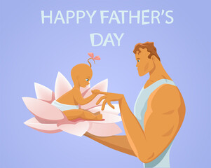 Happy Fathers Day vector flat design greeting card illustration. Dad holds a lotus flower, in the petals of which a newborn baby sits. Daughter holds father s index finger in a fist. Happy Family