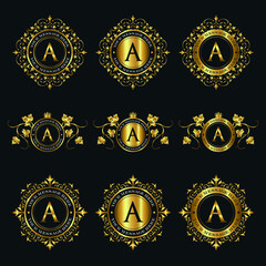 Vector set of luxury calligraphic monograms and logos with decorative golden elements