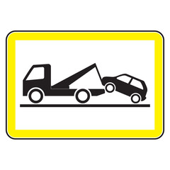 Traffic sign of a tow truck. Rectangular shape with a yellow border.