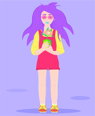 a girl with pink glasses holds a flower in her hands