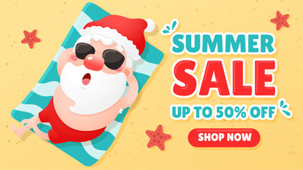 Naklejka premium Vector cartoon santa claus is relaxing while sunbathing on the beach in summer The concept of summer promotion