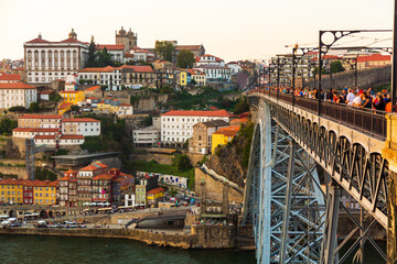 Porto, Portugal, picturesque view at Riberia old town and Ponte de Dom Luis bridge over Douro river.