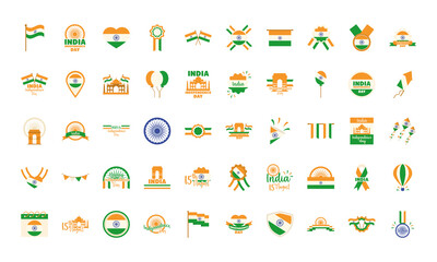 happy independence day india, freeedom celebration national icons set flat style