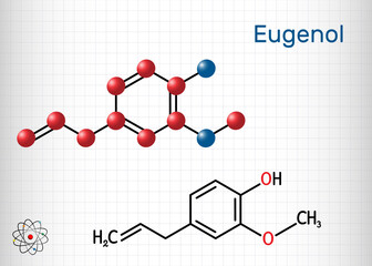 Eugenol, clove essential oil molecule. Is used as flavoring for foods and teas and as herbal oil  to treat toothache. Structural chemical formula and molecule model. Sheet of paper in a cage