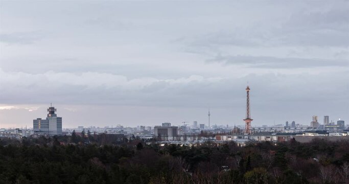 Sunrise timelapse panorama of Berlin Germany seen from Drachenberg