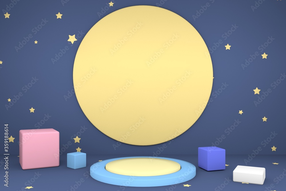 Poster blue showcase stage with flat 3d moon and star minimal podium display background.3d illustration and