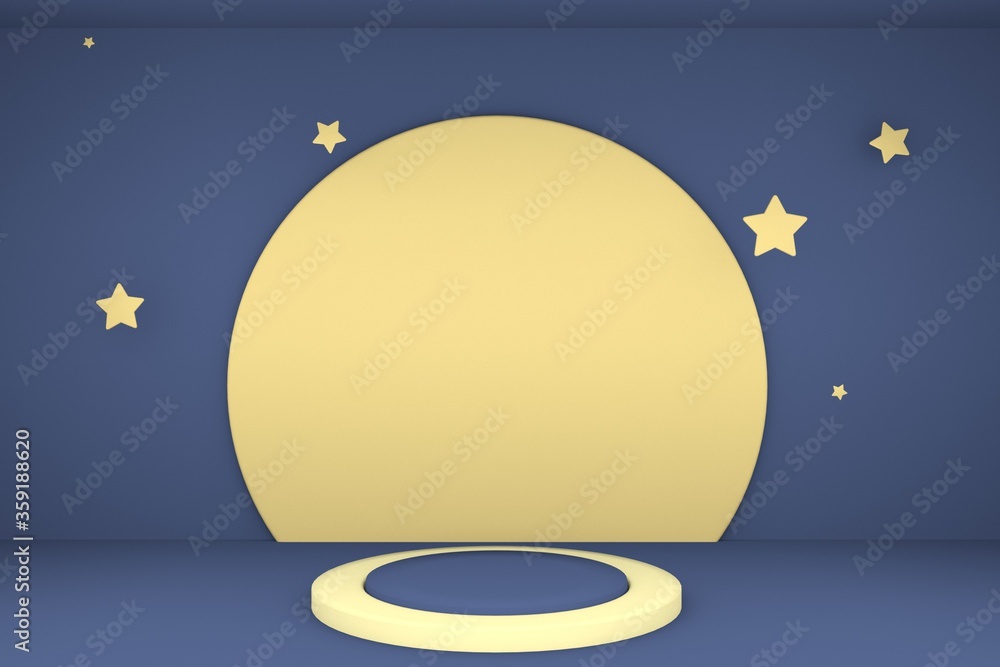 Poster blue showcase stage with flat 3d moon and star minimal podium display background.3d illustration and