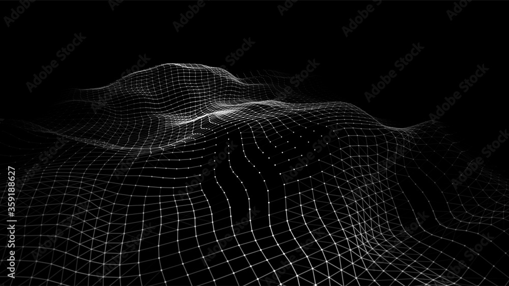 Leinwandbilder Dynamic particles wave.Big data visualization 3D. White dots on black background. Digital landscape. Vector illustration.