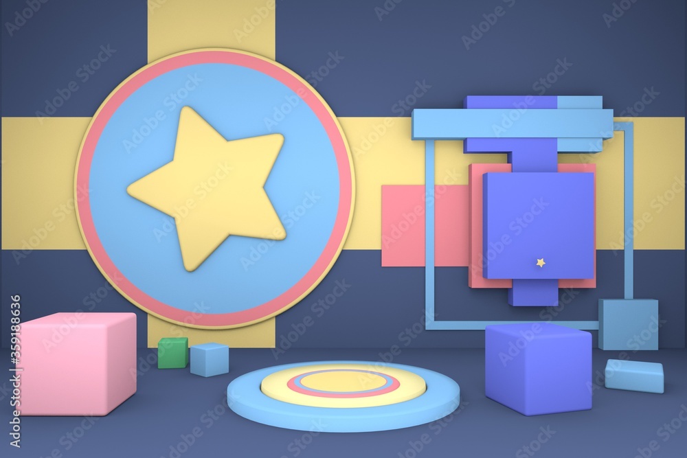 Poster colorful pastel podium with cute 3d primitive geometry empty space for show case stage.3d illustrati
