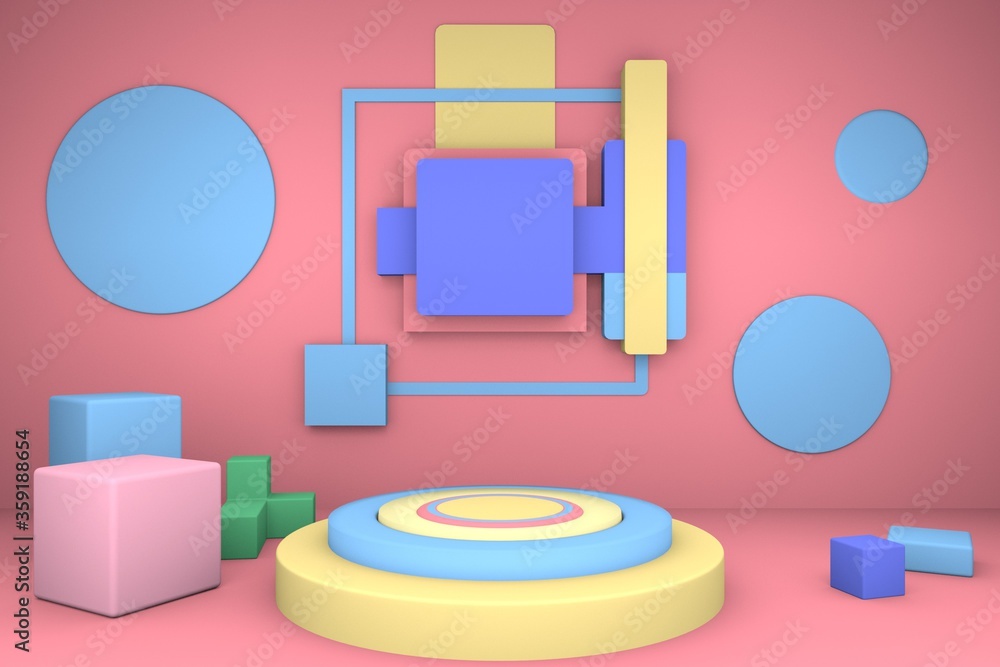 Poster pastel 3d composition abstract modern geometric shape with empty podium or pedestal display colorful