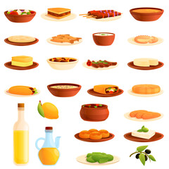 Greece food icons set. Cartoon set of Greece food vector icons for web design
