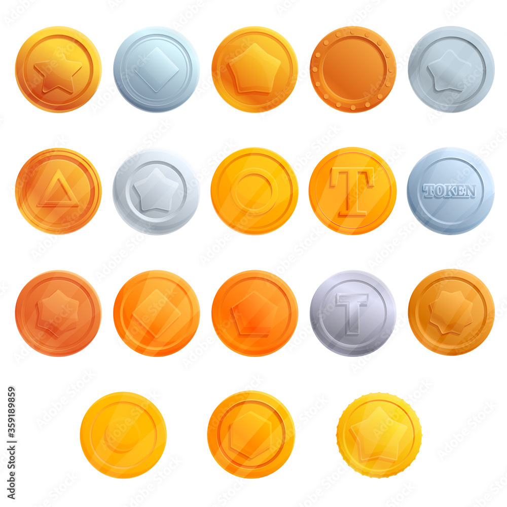 Aufkleber tokens icons set. cartoon set of tokens vector icons for web design