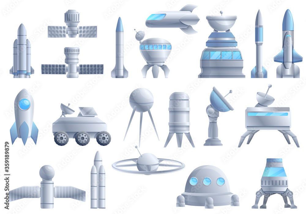 Poster space station icons set. cartoon set of space station vector icons for web design
