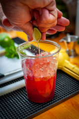 Preparation of cocktail. Adding ice, shaking ingredients and decorating with mint