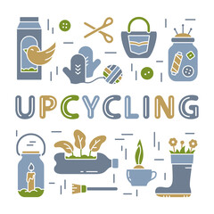 Upcycling silhouette square poster. Cutout emblem of needlework, gardening, handmade. Outline print for card, label. Isolated icons set with lettering. Color flat vector illustration, white background