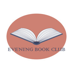 Logo for evening book club. Can be used as logotype, invitation, flyer, greeting card, print, cover. Vector illustration of open book in pastel trendy colors. Leisure and social club concept.